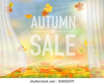 View of autumn scenery through the transparent curtains. Sunny, autumn day, and fallen leaves. Inscription sale for example. Vector background.