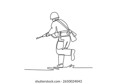 Vista de trás. Um soldado de infantaria americano comandado. conceito de guerra mundial. Design de desenho de linha única. Ilustração gráfica vetorial