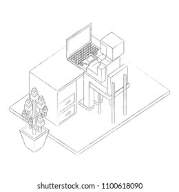 view back businessman working on laptop at desk isometric