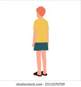 View from back on teenager boy cartoon character standing in angle position isolated on white