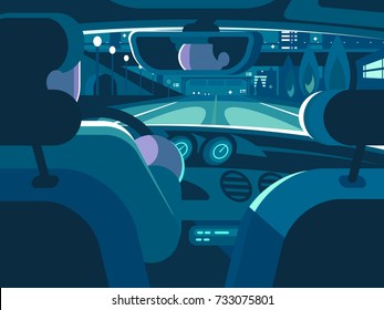 View From Back Seat Of Car. Driving On Road In Taxi. Vector Illustration