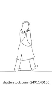 view from the back of a woman in a coat with a bag on her shoulder leaving - one line art vector. concept businesswoman walking down the street in autumn. Handmade vector not AI