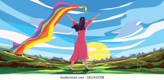 View From back woman wearing a pink dress stand confidently and let Rainbow cape blown in the wind and stand in the meadow background which have sun rising on blue sky , vector picture.