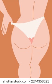 View back of young beautiful woman's body in panties. Menstruation theme. Menstrual protection, feminine hygiene. Trendy vector cartoon flat illustration.