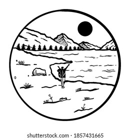 the view of backpacker looking at the lake with mountains background. doodle art badge