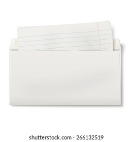 View of backside of opened envelope with lined paper inside isolated on white background