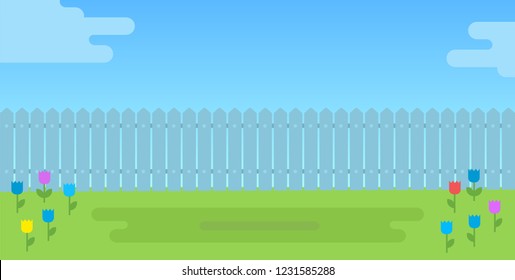 View of the backyard with a fence and flower lawn vector flat icon isolated