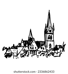 Vista de la ciudad de Bad Homburg vor der Höhe en Alemania. Iglesia del Redentor o Erlöserkirche. Esbozo en bruto de doodle lineal dibujado a mano. Silueta negra de fondo blanco.