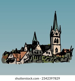 
Vista de la ciudad de Bad Homburg vor der Höhe en Alemania. Iglesia del Redentor o Erlöserkirche. Esbozo colorido dibujado a mano.