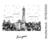 View of Baiyok Tower II building in Bangkok, Thailand. Sketch by hand. Vector illustration