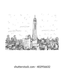 View of Baiyok Tower II building in Bangkok, Thailand. Sketch by hand. Vector illustration