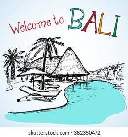 View of Bali resort with benches 