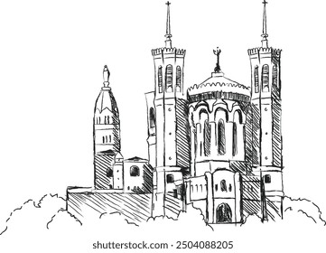 View of Basilica of Notre Dame de Fourviere and Saint-Jean cathedral, Hand drawing, Line art, Lyon, France