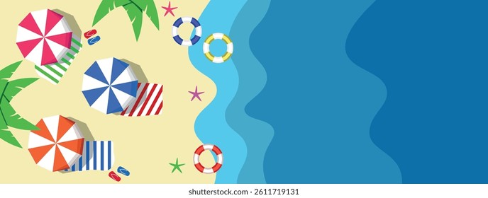 A view of the beach from above with some umbrellas, floats, sandals, mats, and starfish as element, flat design illustration	