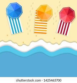 view beach background with umbrellas,balls,swim ring,sunglasses,surfboard, hat,sandals,juice,starfish and sea.