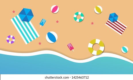 view beach background with umbrellas,balls,swim ring,sunglasses,surfboard, hat,sandals,juice,starfish and sea.