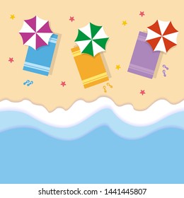 view beach background with umbrellas,balls,swim ring,sunglasses,surfboard, hat,sandals,juice,starfish and sea.