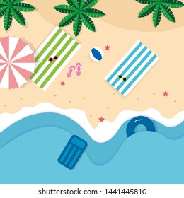 view beach background with umbrellas,balls,swim ring,sunglasses,surfboard, hat,sandals,juice,starfish and sea.