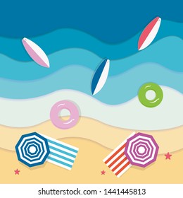 view beach background with umbrellas,balls,swim ring,sunglasses,surfboard, hat,sandals,juice,starfish and sea.