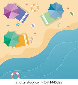 view beach background with umbrellas,balls,swim ring,sunglasses,surfboard, hat,sandals,juice,starfish and sea.