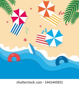 view beach background with umbrellas,balls,swim ring,sunglasses,surfboard, hat,sandals,juice,starfish and sea.
