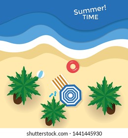 view beach background with umbrellas,balls,swim ring,sunglasses,surfboard, hat,sandals,juice,starfish and sea.