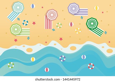 view beach background with umbrellas,balls,swim ring,sunglasses,surfboard, hat,sandals,juice,starfish and sea.