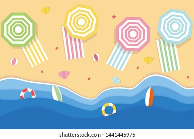 view beach background with umbrellas,balls,swim ring,sunglasses,surfboard, hat,sandals,juice,starfish and sea.