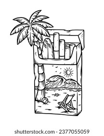 view of the beach in a cigarette pack line illustration