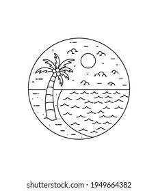 view of the beach and coconut trees mono line art, badge patch pin graphic illustration, vector art t-shirt design