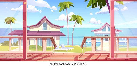 View from beach house terrace at sea. Vector cartoon illustration of seaside summer villas on ocean coast, chaise lounges on green lawn under palm trees, beautiful sunny day on tropical resort island