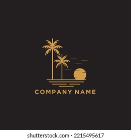 view beach line art with tree palm vector template logo 