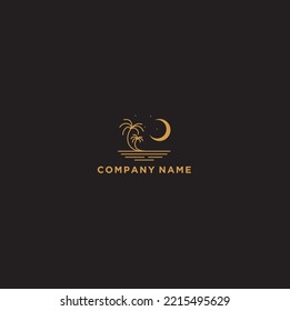 view beach line art with tree palm vector template logo 