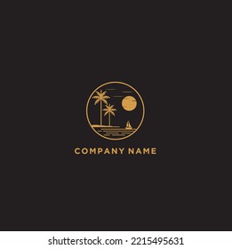 view beach line art with tree palm vector template logo 