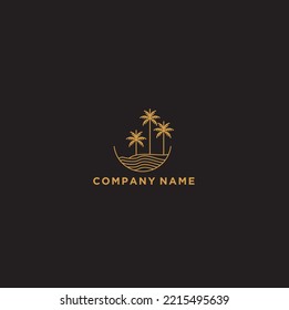ver arte de línea de playa con el logotipo de plantilla de vector de palma de árbol 