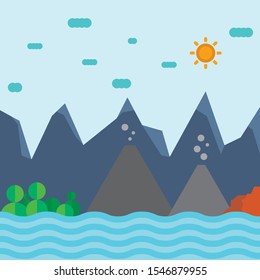 View beach and mountains from sea, landscape scenery hills