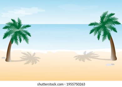 Vistas de la playa al océano y a las palmeras. Playa de arena con palmeras