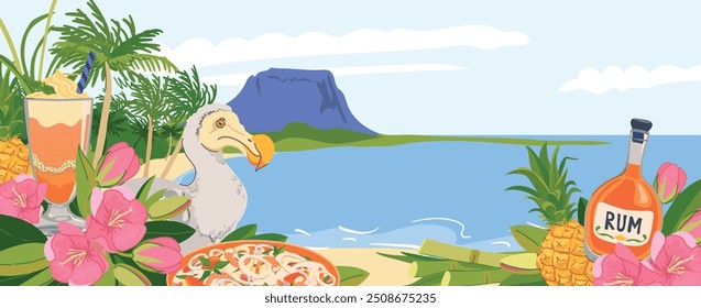 View from the beach to the panorama of Mauritius island and Le Morne Brabant mountain. Dodo bird, flowers trochetia boutoniana, pineapple, rum, cocktail. Vector landmarks in flat style. Paradise.