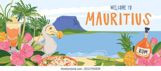 Vista desde la playa al panorama de la isla Mauricio y la montaña Le Morne Brabant. Dodo pájaro, flores trochetia boutoniana, piña, ron, cóctel. Lugares famosos de Vector en estilo plano. El paraíso.