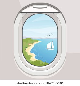 View of the beach resort and yacht out the plane's window - tourism and travel concept