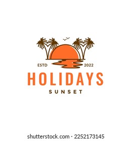 view beach seashore sunset afternoon water coconut trees lines art hipster colorful logo design vector icon illustration template