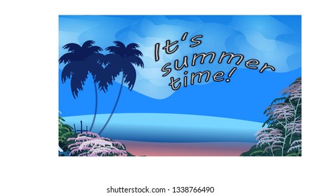 View of the beach of a southern country with a beautiful palm tree and southern plants. Vector illustration.