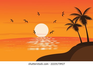 the view of the beach at sunset with the silhouette of the coconut tree