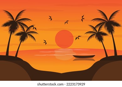 the view of the beach at sunset with the silhouette of the coconut tree