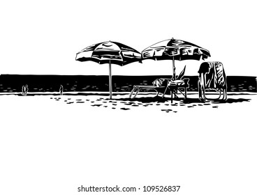 view of the beach with umbrellas and sun loungers. vector illustration.