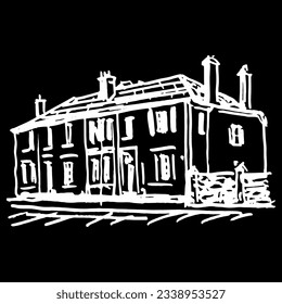 View of Beardsley's house on Ashley road, Epsom. Ashley Villas in England. Hand drawn linear doodle rough sketch. White silhouette on black background.