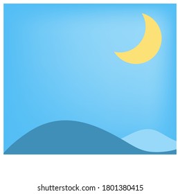 View of beautiful landscape, hills and moon isolated on blue sky background, vector illustrations flat style for graphic design,concept, relaxing color and atmosphere