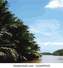 View of the Beautiful River decorated by nipa palm trees during the day in West Kotawaringin, Central Kalimantan, Indonesia