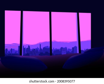 view from the bedroom window on the evening city, vector illustration in evening colors for decorating the interiors of bedrooms and hotel rooms