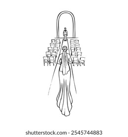 vista por trás da noiva andando pelo corredor onde o noivo está esperando por ela - linha desenhada à mão casamento arte